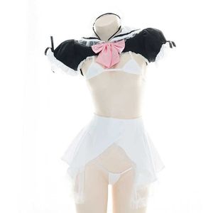 6PCS Bow Cosplay Bikini Kvinnors Sexiga Underkläder Underkläder Suit Sailor Collar Student Outfit Söt Maid Exotic Apparel Lolita Kawaii Y0913