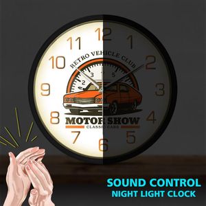 Wandklokken Motor Show Transport Metalen Frame Clock Intage Classic Car Garage Business Sign Sound Control horloge Retro Voertuig Tijd
