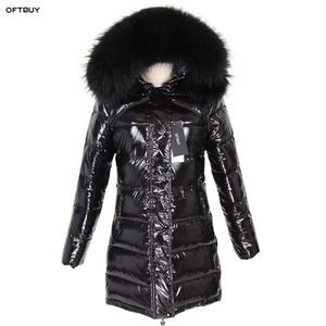 Oftbuy Winter Jacket Women Real Fur Coat Natural Raccoon Fur Collar Long Parka Duck Down Jacket Vattentät Streetwear Märke 211206