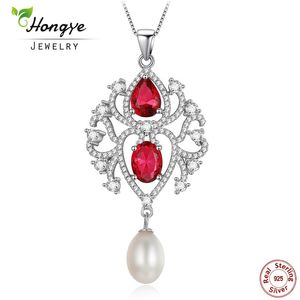 Hongye 2020 Collana di gioielli in argento sterling 925 con perle d'acqua dolce naturali di lusso Ciondolo rosso e verde per le donne