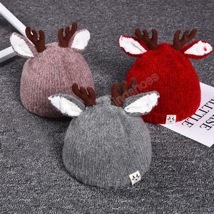 Weihnachten Baby Hut Mit Ohr Cartoon Elch Herbst Winter Kinder Kinder Beanie Kappe Einfarbig Häkeln Mädchen Junge Motorhaube Hüte