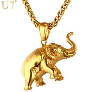 U7 Stainless Steel Gold Color Elephant Necklace Trendy Men Charm Pendant & Chain Animal Lucky Jewelry Gift P755