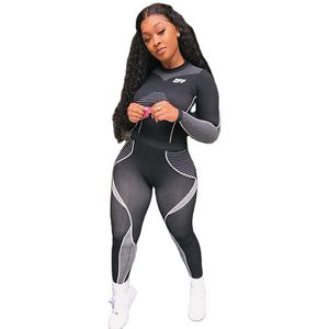 Дизайнерские женские трексуиты фитнес две части набор трексуита с длинным рукавом урожай вершины печати эластичные тощие леггинсы спортивная одежда Slim Outfit