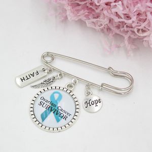 Wholesale Awareness Brooches Faith Hope Teal Ribbon Ovarian Cancer Survivor Pin Brooch Safety Pins for Women Men