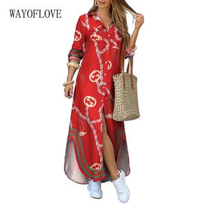 Wayoflove Mode Kvinnors Klänning Röd Casual Plus Storlek Robe Långärmad Klänningar Kvinna Elegant Knappskjorta Skriv ut Långa Klänningar 210602