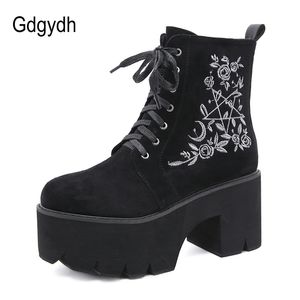 GDGYDH Moda Flor Plataforma Botas Chunky Punk Suede Couro Mulheres Gótico Sapatos Noturna Lace Up Back Zipper Alta Qualidade K78