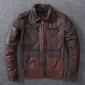 Retro Brown Leather Jacket Outwear Coats Man Kläder Bomber Vintage Jackor Multi-Pocket Windbreakers Toppar Plus Storlek 2021