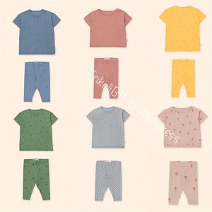 Bambini Estate Manica Corta Tshirt Pantaloni Set TC Elegante Cotone Casa Polka Dot Fiore Modello Toddler Girl Outfit 210619