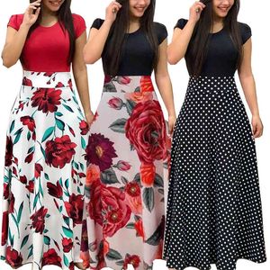 Plus Size Bohemian Maxi Dress Women Color Block Dot Floral Patchwork O Neck Long Sleeve High Waist Bodycon Vintage Dresses S-5XL 210507