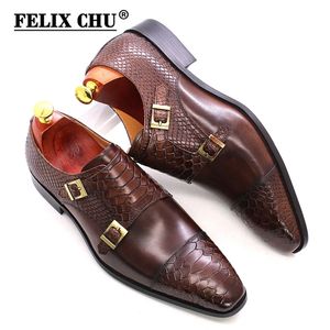 Size 47 Size 13 Mens Dress Shoes Genuine Leather Double Buckle Monk Strap Men Shoes Snake Print Cap Toe Classic Italian Shoes 210310