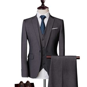 (Jacket + Vest + Pants) Formal Men's Suit Three-piece Suit New Solid Color Boutique Business Fashion Men's Clothing Suit set X0909