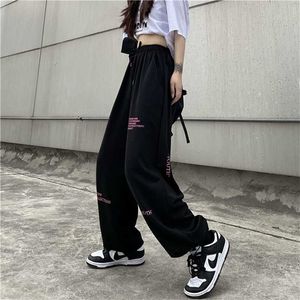 Con cintura gamba larga pantaloni larghi donna vita alta tinta unita pantaloni da jogging moda coreana pantaloni harajuku allentati 211115