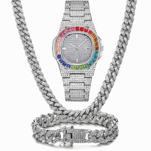 Wristwatches 3 2Pcs Necklace Watch Bracelet Hip Hop Miami Cuban Chain Gold Color Colorful Iced Out Rhinestone Bling Women Men Jewe304i