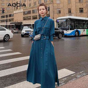 Summer Casual Women Shirt Dress Bull Up Turn Down Colletto a maniche lunghe Maxi Abiti Plus Size Sashes Suit Office Robe 210521