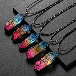 Boom Of Life Titanium Coated Rainbow Rock Quartz Chakra Crystal Necklace Koper Draad Verpakt Onregelmatige Ruwe Genezing Puntige Gemstone Hanger Sieraden Voor Vrouwen Mannen