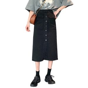 Czarny Dżinsowy Spódnica Kobiety Lato Koreańska Wersja Plus Size Breasted Thin High Waist Mid-Długość Luźne Spódnice Kobiet LR1202 210531