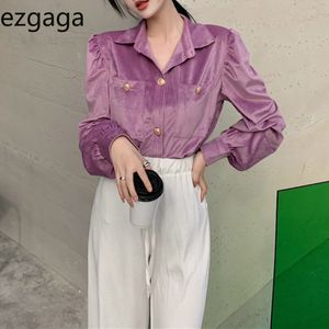 Ezgaga Elegant Shirts Women Vintage Long Sleeve Turn-Down Collar Fashion Loose Solid Button Purple Blouse Office Lady Blusas 210430