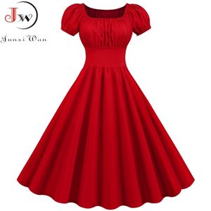 Mulheres Vestido Vintage Robe Femme Summer Puff Slow Square Collar Color Vermelho Sólido Partido Elegante Plus Size Office Casual Midi 210623