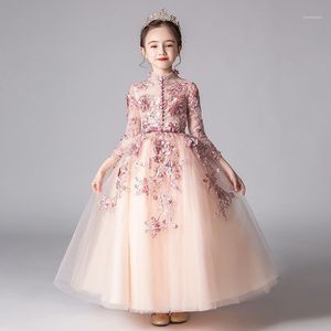 Casual Dresses Kvinnors Höst och Vinter Princess Dress Fluffy Garn Blommor Barnens Piano Prestanda Kläder Aftonklänning