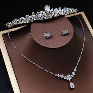 Jonnafe Fashion Zircon Bridal Necklace Earrings Set Silver Color Women Pageant Prom Jewelry Sets with tiara Wedding Accessories H1022