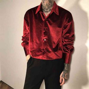 Mens Bordo Velor Shirt için Kadife Kırmızı Lüks Giysileri Retro Zarif Peluş Bluz Siyah Sıradışı Parti Kulübü 210809