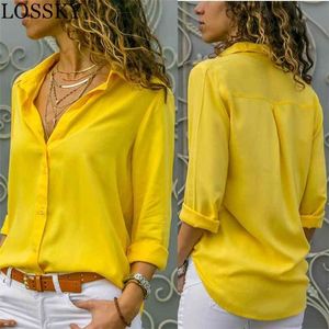 여성 화이트 블라우스 기본 판매 버튼 단단한 여름 긴 소매 셔츠 여성 시폰 여성 슬림 의류 플러스 사이즈 탑 210323