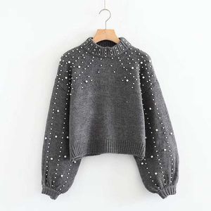 Talvez u Mulheres Pearl Sweater de malha cinza Crewneck Pullovers Casual M0133 Outono Inverno 210529