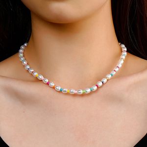 Handmade Pearl Beaded Choker Necklace Boho Colorful Short Collar Clavicle Chain Imitation Pearls Necklaces for Men Women Girls 2021