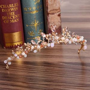 Women's Elegant Crowns Pink Crystal Rhinestone Floral Tiaras Gold Metal Wedding Hair Fashion Jewelry Headpiece Bride Hairband