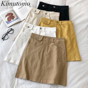 Kimutomo sólido saia feminina verão coreano Hong Kong Winds Bolsos de cintura alta A linha mini saia casual 210521