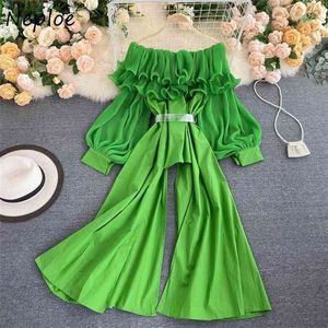 Sexy Slash Neck Shirt Women Pleated Double Ruffles Lantern Sleeve Blouse Candy Colors Chic Sashes Femme Blusas 210422