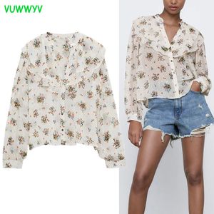 Vintage blommigryck Ruffle Collar Women's Blouse Sommar Estetisk Semi Heer Top Woman Långärmad Knapp Up Streetwear 210430