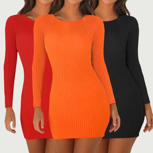 Sexy Wrap Hip Mini Thin Knitted Bodycon Dresses Orange Black Red Party Bandage Dresses High Waist O Neck Tight Vestidos Women X0521