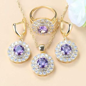 Ослепительные натуральные фиолетовые хрустальные золотые цвета в трех частях ювелирных наборов для женщин свисают серьги / ожерелье и кольцо 6-цветовые костюмы H1022