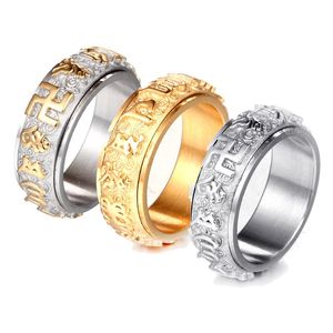 Sanskrit Buddhist Mantra Ring For Men Women Rotatable Gold Silver Color 316L Stainless Steel Buddhism Jewelry Drop Band Rings