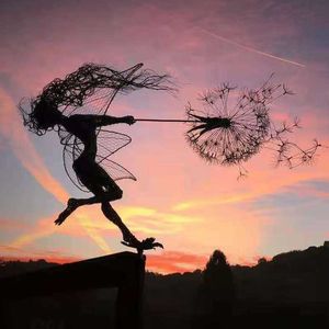 Garden Decorative Stake Fairy Dancing with Dandelion Dance Together Metal Garden Yard Decor Lawn Landscape Sculpture Decoration Q0811