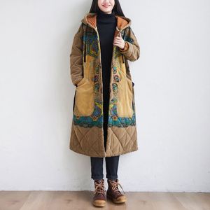 Johnature Mulheres Vintage Com Capuz Parkas Casacos de Fleece Botão Quente Impressão Floral Inverno Bolsos Soltos Parkas femininas 210521