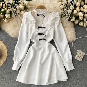DEAT Spring Solid Color Long Sleeve Contrast Bow High Waist Slim A-line Office Lady Style Dress MZ354 210709