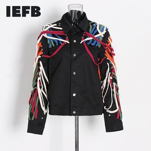 IEFB high quality strings black jackets for men drawstring deisn spring streetwear bandage coat slim fit tops design 210524