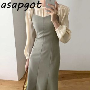 O Neck Pleated Blouse Puff Long Sleeve Transparent Shirts Slim Mid-length Spaghetti Strap Dress Office Lady Fashion 2 Piece Set 210610