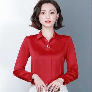 Koreańskie jedwabne koszule z długim rękawem Office Lady Satin White Shirt Bluzki Topy Plus Size Camisas Mujer 210531