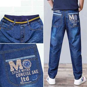 Grandes Meninos Soltos Calças de Calça Calças Carta Impressão Denim Roupas Para Adolescentes Algodão Azul Calça Adolescente Menino Casual Cintura Elástica 14y 210622