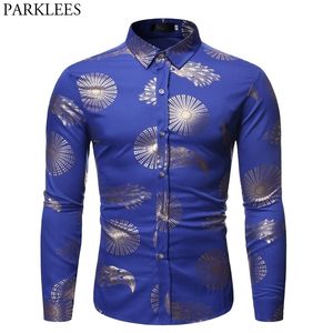 Royal Blue Tuxedo Shirt Män Stilig Guld Blommor Skriv ut Mens Klänning SHIRTS NATTCLUB PARTY Middag Male Social Shirt Chemise XL 210522