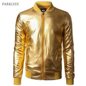 Tendência Metálico Bombardeiro de Ouro Homens / Mulheres Veste Homme Night Club Moda Slim Fit Zipper Baseball Varsity 210811