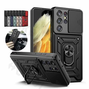 Slide Camera Lens Cases for Samsung Galaxy S20 S21 FE S22 Ultra Note 20 A12 A22 A32 A52 A72 A31 A51 A71 5G A02S A10S Z FLIP 3 A33 A53 Military Grade Armor Metal Bracket Cover