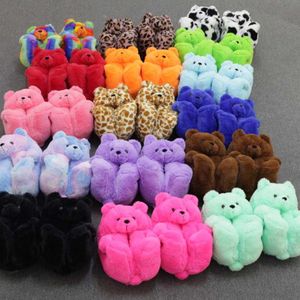 Teddy Bear women christmas plush slippers Cartoon Cute Bear House Slipper Furry Faux Fur Slides Woman Furry Flip Flop Shoes warm X0925