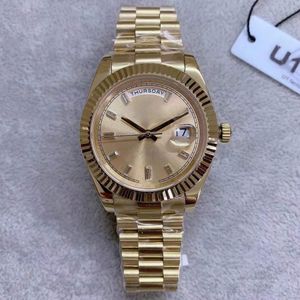 U1 Factory Steel Watches 40MM Diamond Set Gold Dial Gold Lunetta scanalata Ghiaccio Movimento meccanico automatico Vetro zaffiro President Stainless Orologi da polso da uomo Nuovo