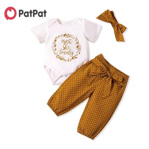 Spring and Autumn 3-piece Baby Girl ISN'T SHE LOVELY Print Bodysuit Polka Dots Bow Pants with Headb Sets 210528
