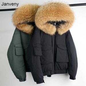 Janveny巨大リアルアライグマの毛皮の襟フード付き冬下コート女性ショート90％ホワイトアヒルダウンジャケット緩い暖かい女性パーカー211126