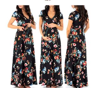 Senhoras Saia Longa Retro Vestido Floral Rose Impresso V-Neck Bohemian Robe Moda Trendy Vestido para Mulheres Grávidas PW32 Q0713